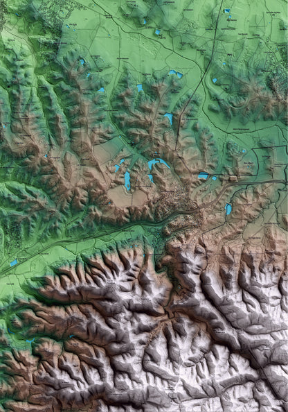 Mapa artístico del relieve de Caldes de Malavella, a la Selva, con 15 km de entorno y base topográfica ICGC. Detalle de la zona inferior derecha.