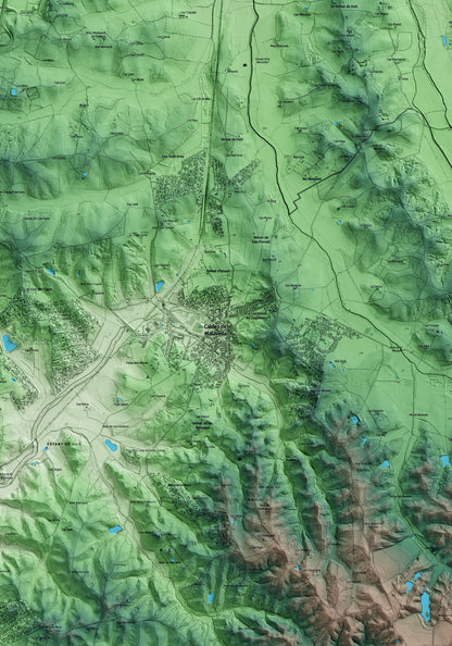 Mapa artístico del relieve de Caldes de Malavella, a la Selva, con 15 km de entorno y base topográfica ICGC. Detalle de la zona central.