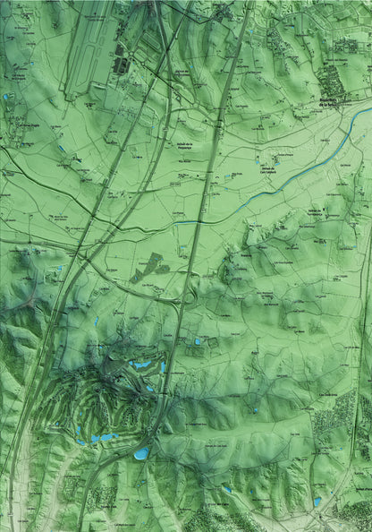 Mapa artístico del relieve de Caldes de Malavella, a la Selva, con 15 km de entorno y base topográfica ICGC. Detalle de la zona superior izquierda.