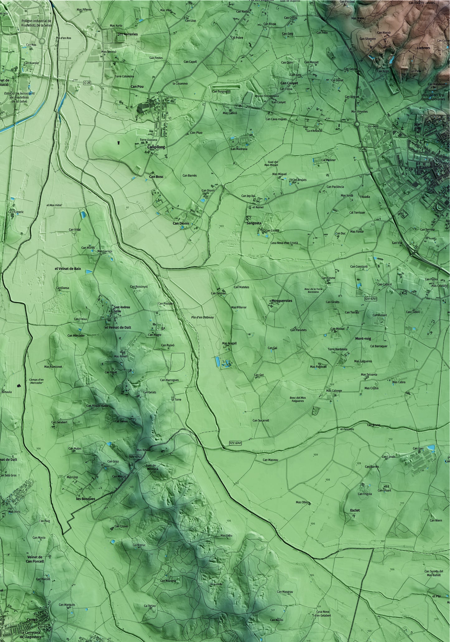 Mapa artístico del relieve de Caldes de Malavella, a la Selva, con 15 km de entorno y base topográfica ICGC. Detalle de la zona superior derecha.
