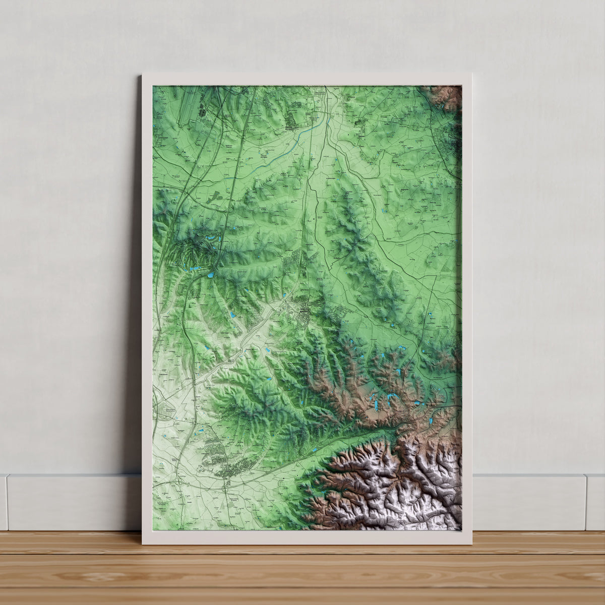 Mapa artístico del relieve de Caldes de Malavella, a la Selva, con 15 km de entorno y base topográfica ICGC. Presentación enmarcada.