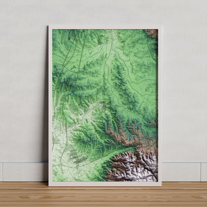 Mapa artístico del relieve de Caldes de Malavella, a la Selva, con 15 km de entorno y base topográfica ICGC. Presentación enmarcada.