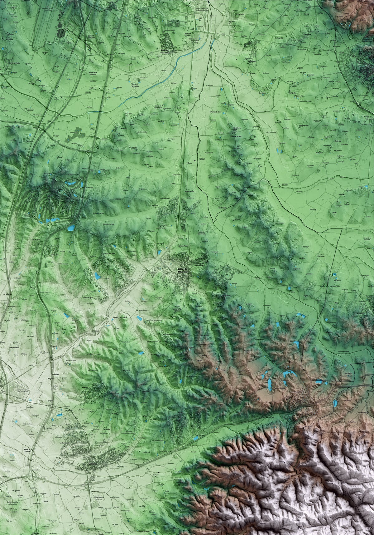 Mapa artístico del relieve de Caldes de Malavella, a la Selva, con 15 km de entorno y base topográfica ICGC