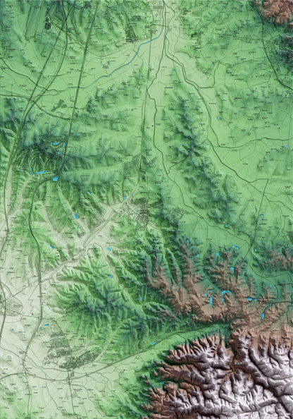 Mapa artístico del relieve de Caldes de Malavella, a la Selva, con 15 km de entorno y base topográfica ICGC
