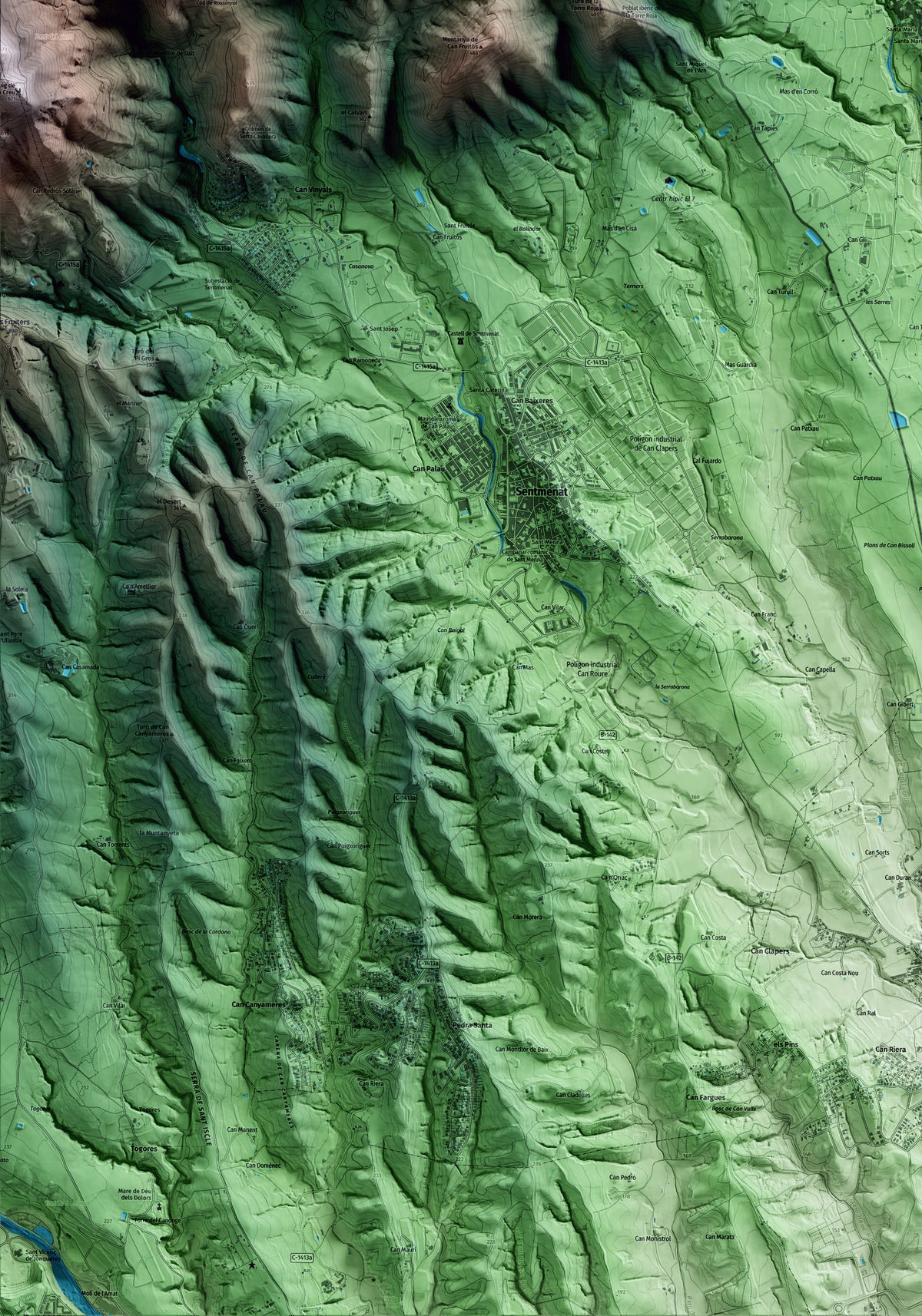 Mapa artístico del relieve de Caldes de Montbui, al Vallès Oriental, con 15 km de entorno y base topográfica ICGC. Detalle de la zona inferior izquierda.