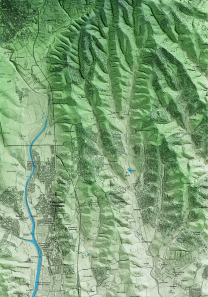 Mapa artístico del relieve de Caldes de Montbui, al Vallès Oriental, con 15 km de entorno y base topográfica ICGC. Detalle de la zona inferior derecha.