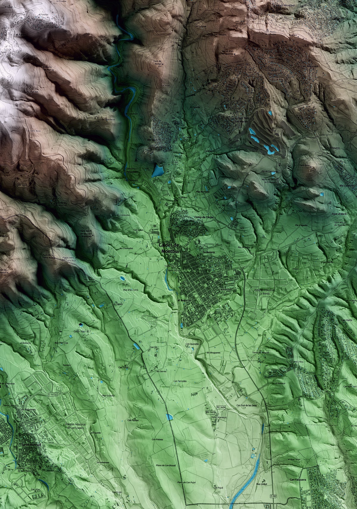 Mapa artístico del relieve de Caldes de Montbui, al Vallès Oriental, con 15 km de entorno y base topográfica ICGC. Detalle de la zona central.
