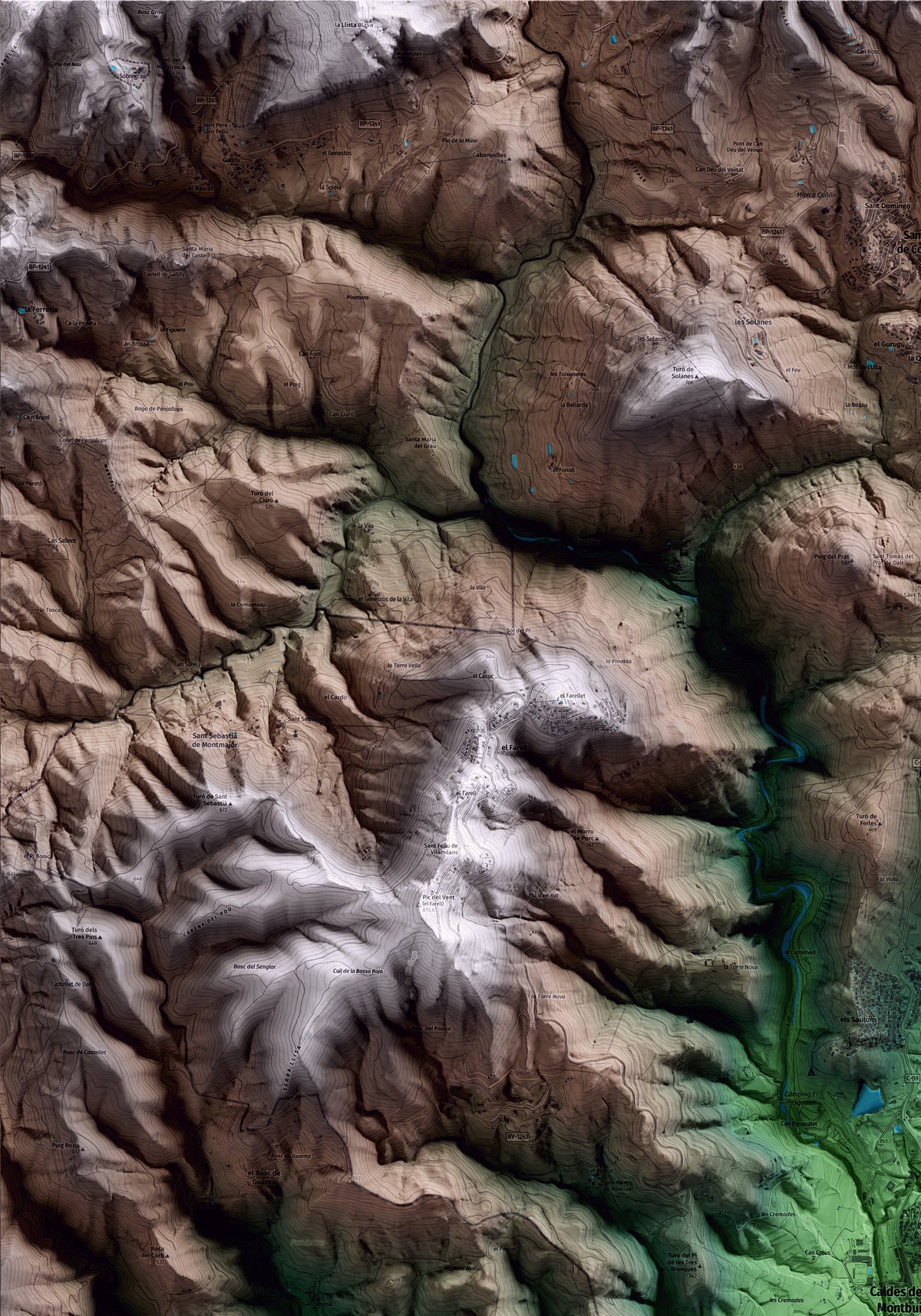 Mapa artístico del relieve de Caldes de Montbui, al Vallès Oriental, con 15 km de entorno y base topográfica ICGC. Detalle de la zona superior izquierda.