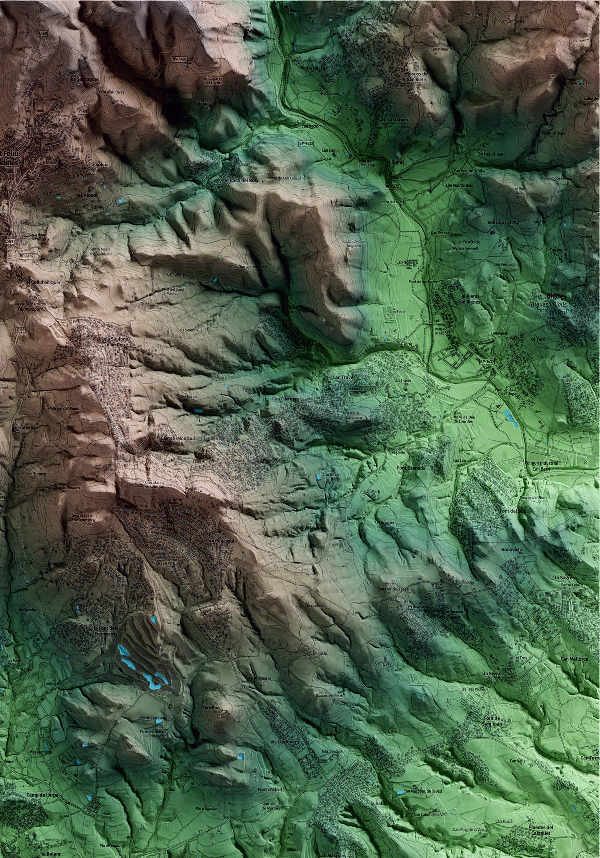 Mapa artístico del relieve de Caldes de Montbui, al Vallès Oriental, con 15 km de entorno y base topográfica ICGC. Detalle de la zona superior derecha.
