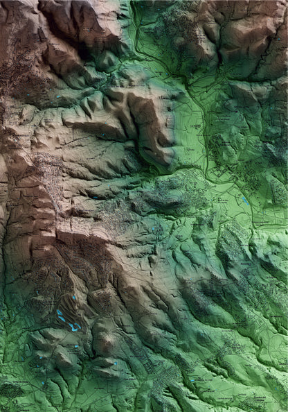 Mapa artístico del relieve de Caldes de Montbui, al Vallès Oriental, con 15 km de entorno y base topográfica ICGC. Detalle de la zona superior derecha.