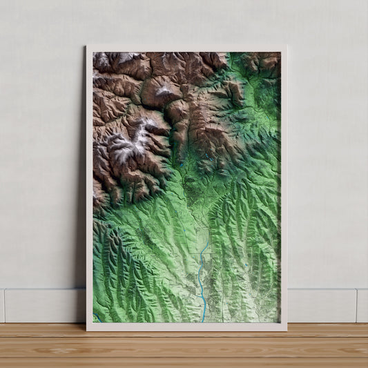 Mapa artístico del relieve de Caldes de Montbui, al Vallès Oriental, con 15 km de entorno y base topográfica ICGC. Presentación enmarcada.