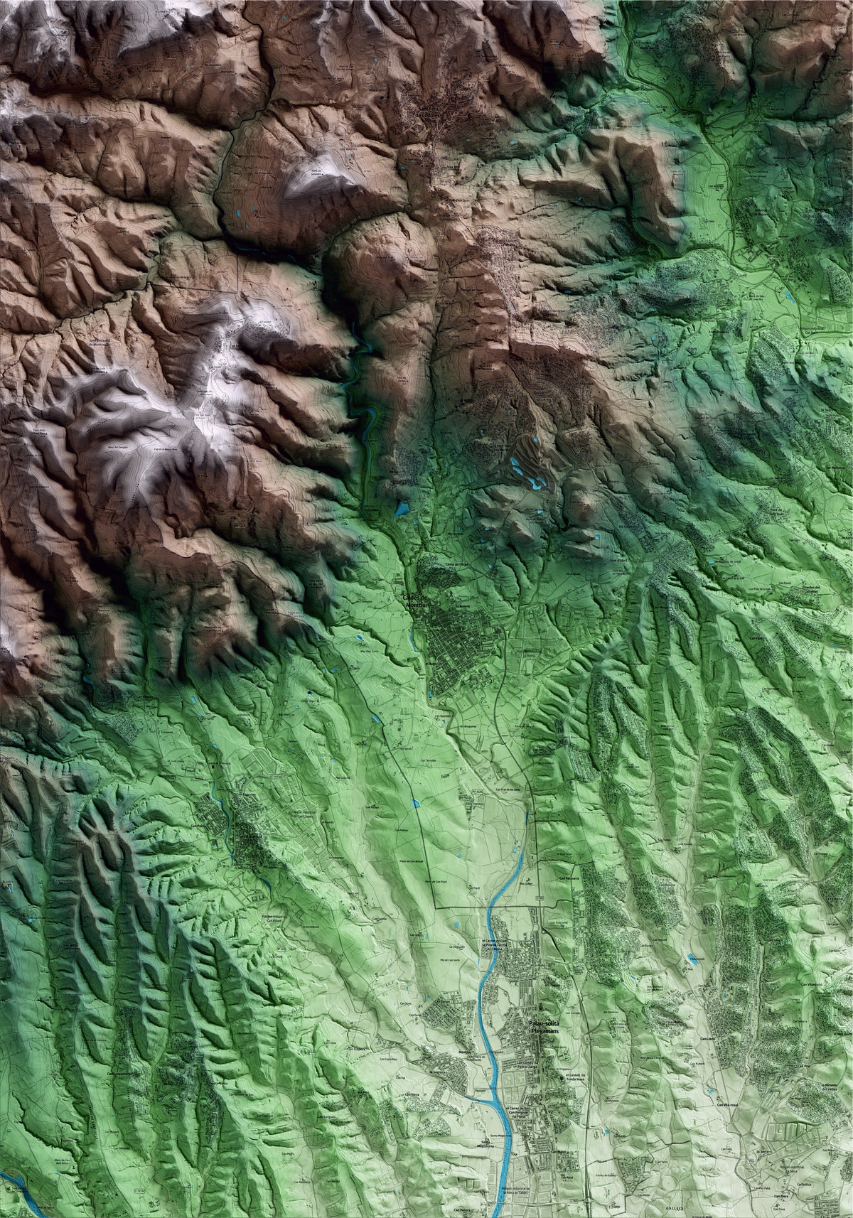 Mapa artístico del relieve de Caldes de Montbui, al Vallès Oriental, con 15 km de entorno y base topográfica ICGC