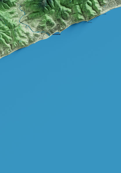 Mapa artístico del relieve de Calella, al Maresme, con 15 km de entorno y base topográfica ICGC. Detalle de la zona inferior izquierda.