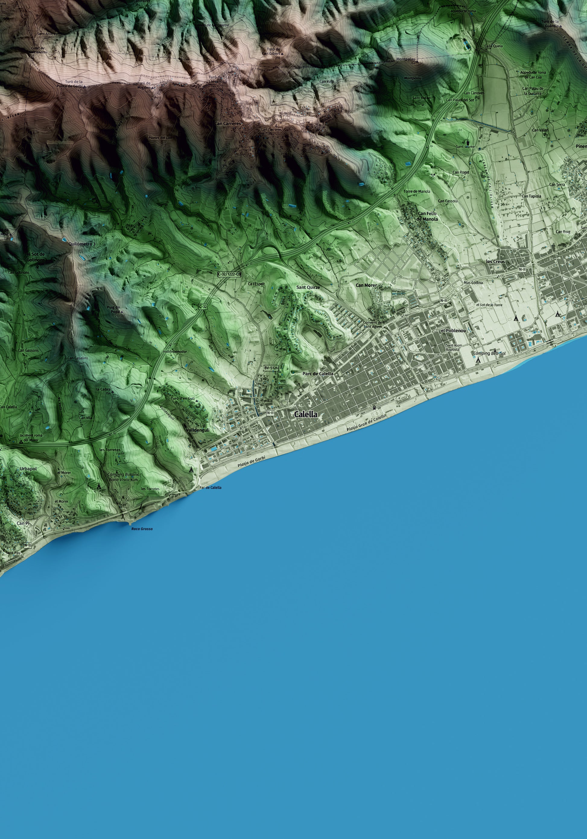 Mapa artístico del relieve de Calella, al Maresme, con 15 km de entorno y base topográfica ICGC. Detalle de la zona central.