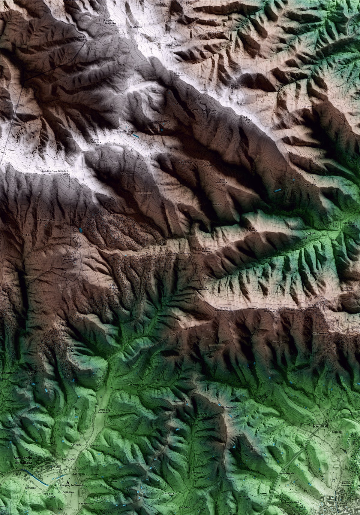 Mapa artístico del relieve de Calella, al Maresme, con 15 km de entorno y base topográfica ICGC. Detalle de la zona superior izquierda.