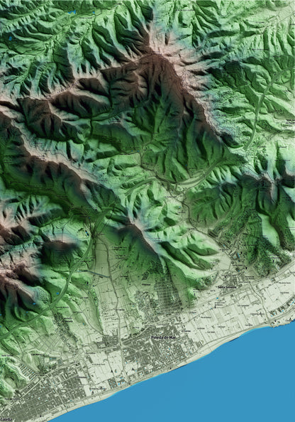 Mapa artístico del relieve de Calella, al Maresme, con 15 km de entorno y base topográfica ICGC. Detalle de la zona superior derecha.