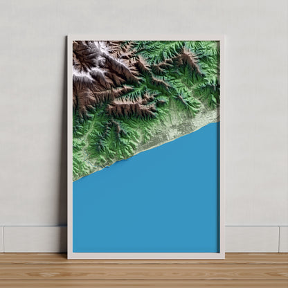 Mapa artístico del relieve de Calella, al Maresme, con 15 km de entorno y base topográfica ICGC. Presentación enmarcada.
