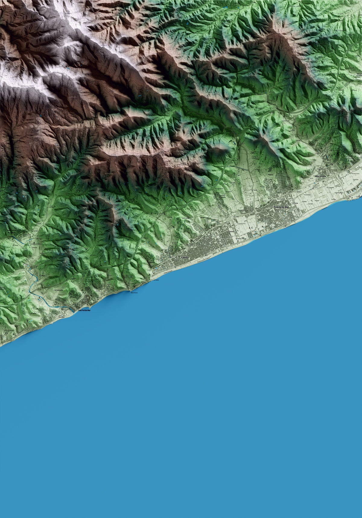 Mapa artístico del relieve de Calella, al Maresme, con 15 km de entorno y base topográfica ICGC