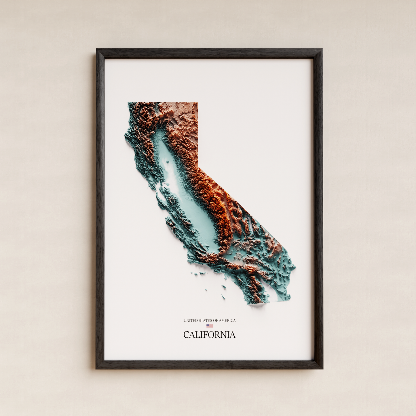 CALIFORNIA. Mapa de relieve con contraste.