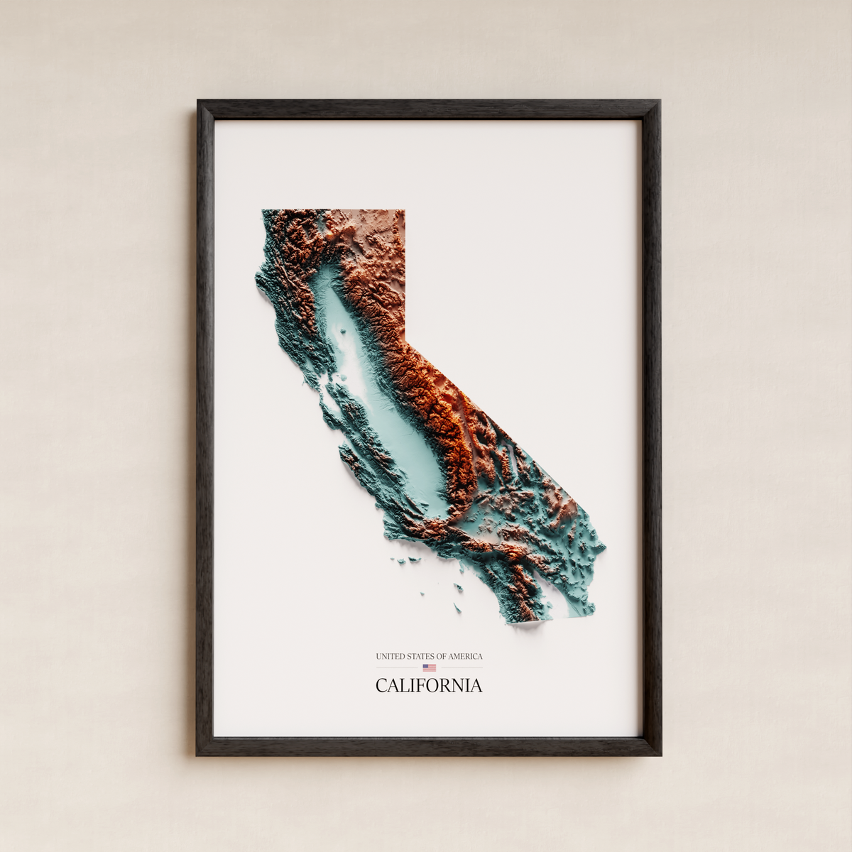 CALIFORNIA. Mapa de relleu artístic / blau i taronja