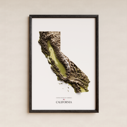 CALIFORNIA. Mapa de relieve en colores terrosos.