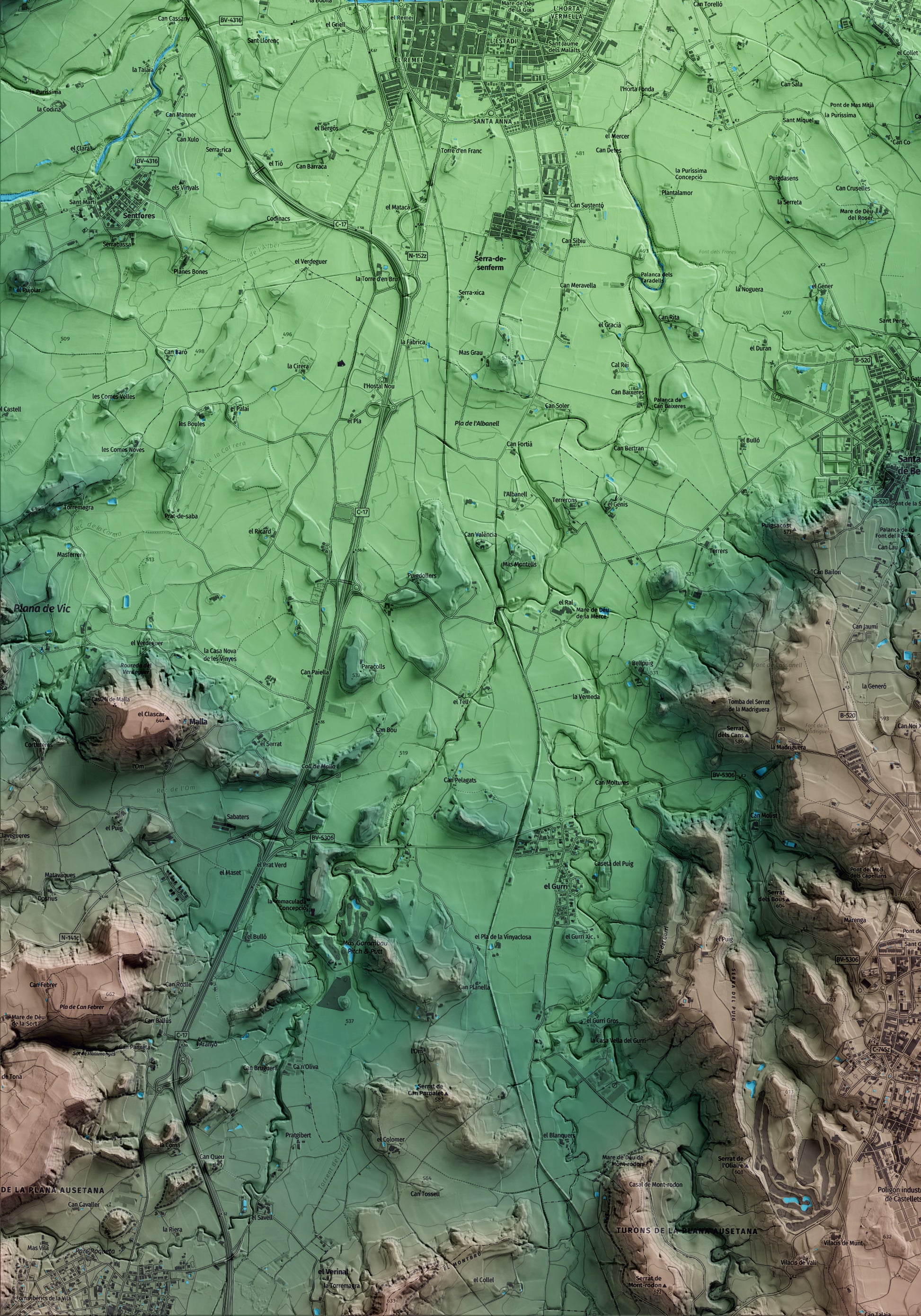 Mapa artístico del relieve de Calldetenes, a Osona, con 15 km de entorno y base topográfica ICGC. Detalle de la zona inferior izquierda.