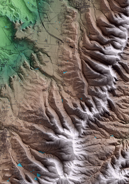 Mapa artístico del relieve de Calldetenes, a Osona, con 15 km de entorno y base topográfica ICGC. Detalle de la zona inferior derecha.