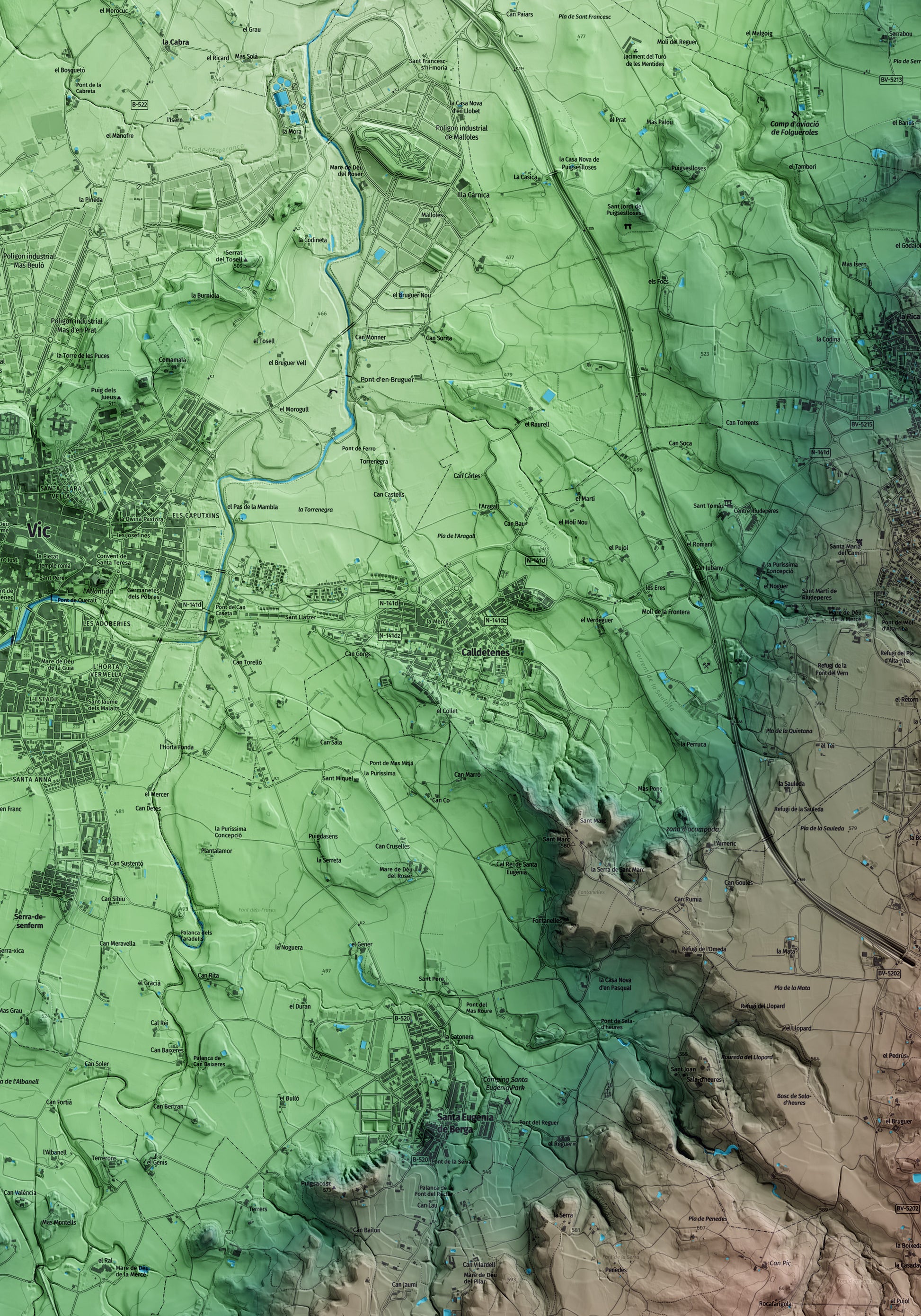 Mapa artístico del relieve de Calldetenes, a Osona, con 15 km de entorno y base topográfica ICGC. Detalle de la zona central.