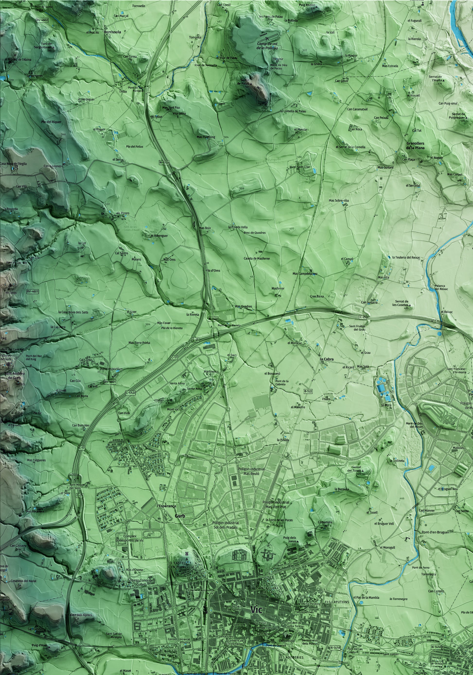 Mapa artístico del relieve de Calldetenes, a Osona, con 15 km de entorno y base topográfica ICGC. Detalle de la zona superior izquierda.