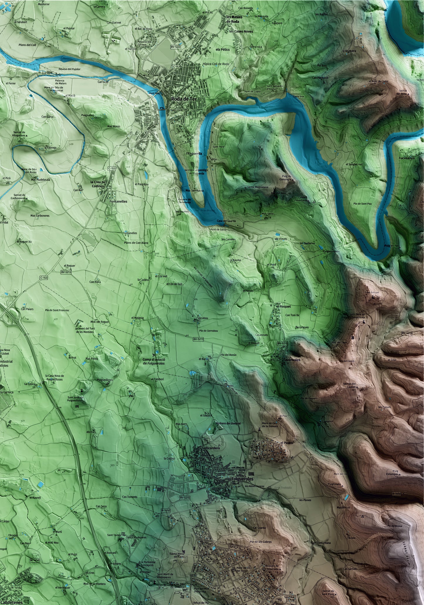 Mapa artístico del relieve de Calldetenes, a Osona, con 15 km de entorno y base topográfica ICGC. Detalle de la zona superior derecha.