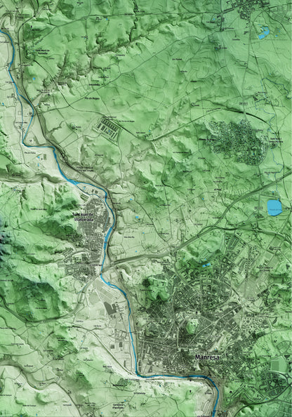 Mapa artístico del relieve de Callús, al Bages, con 15 km de entorno y base topográfica ICGC. Detalle de la zona inferior derecha.