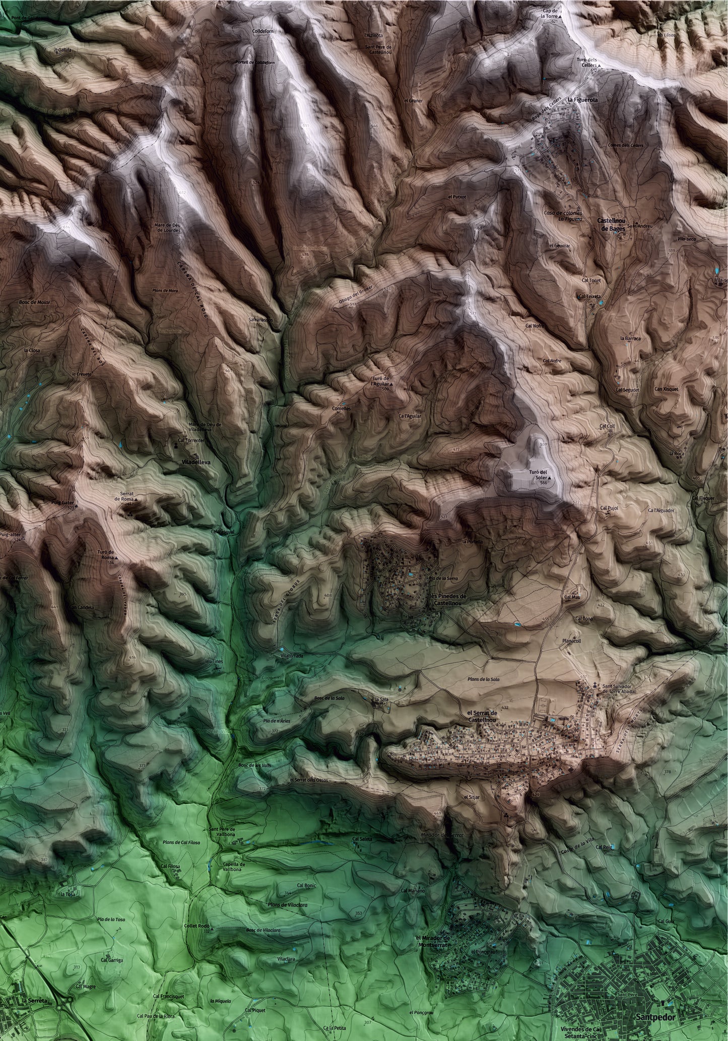Mapa artístico del relieve de Callús, al Bages, con 15 km de entorno y base topográfica ICGC. Detalle de la zona superior derecha.