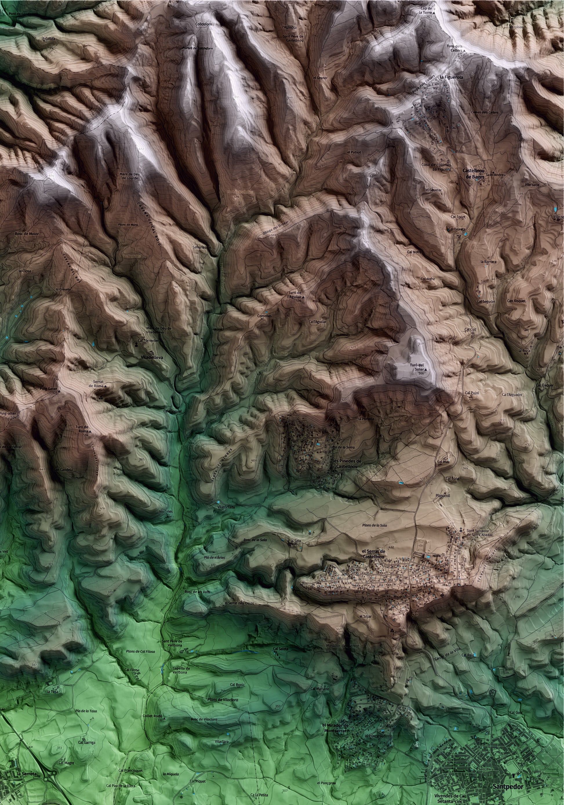 Mapa artístico del relieve de Callús, al Bages, con 15 km de entorno y base topográfica ICGC. Detalle de la zona superior derecha.