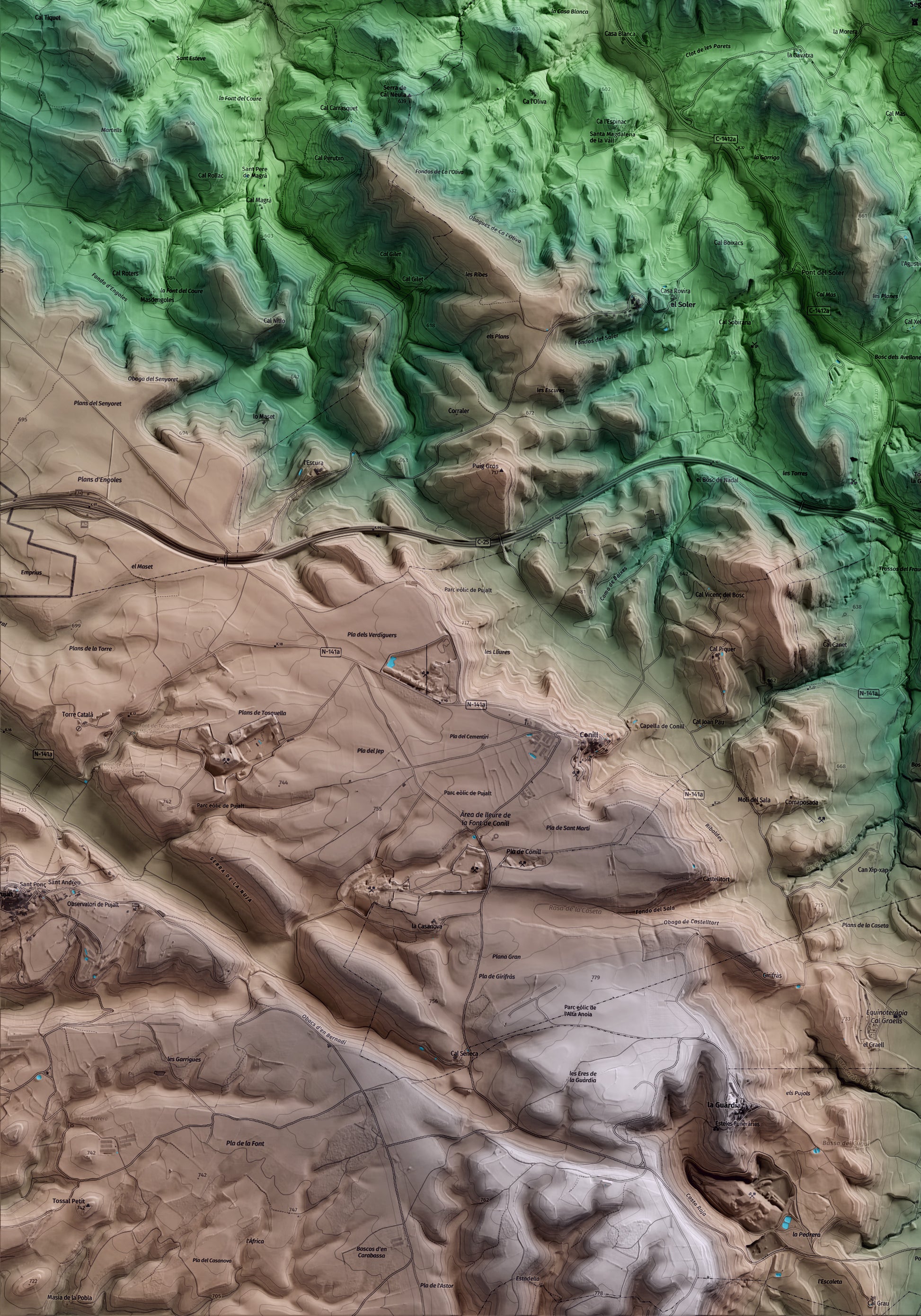 Mapa artístico del relieve de Calonge de Segarra, al Anoia, con 15 km de entorno y base topográfica ICGC. Detalle de la zona inferior izquierda.