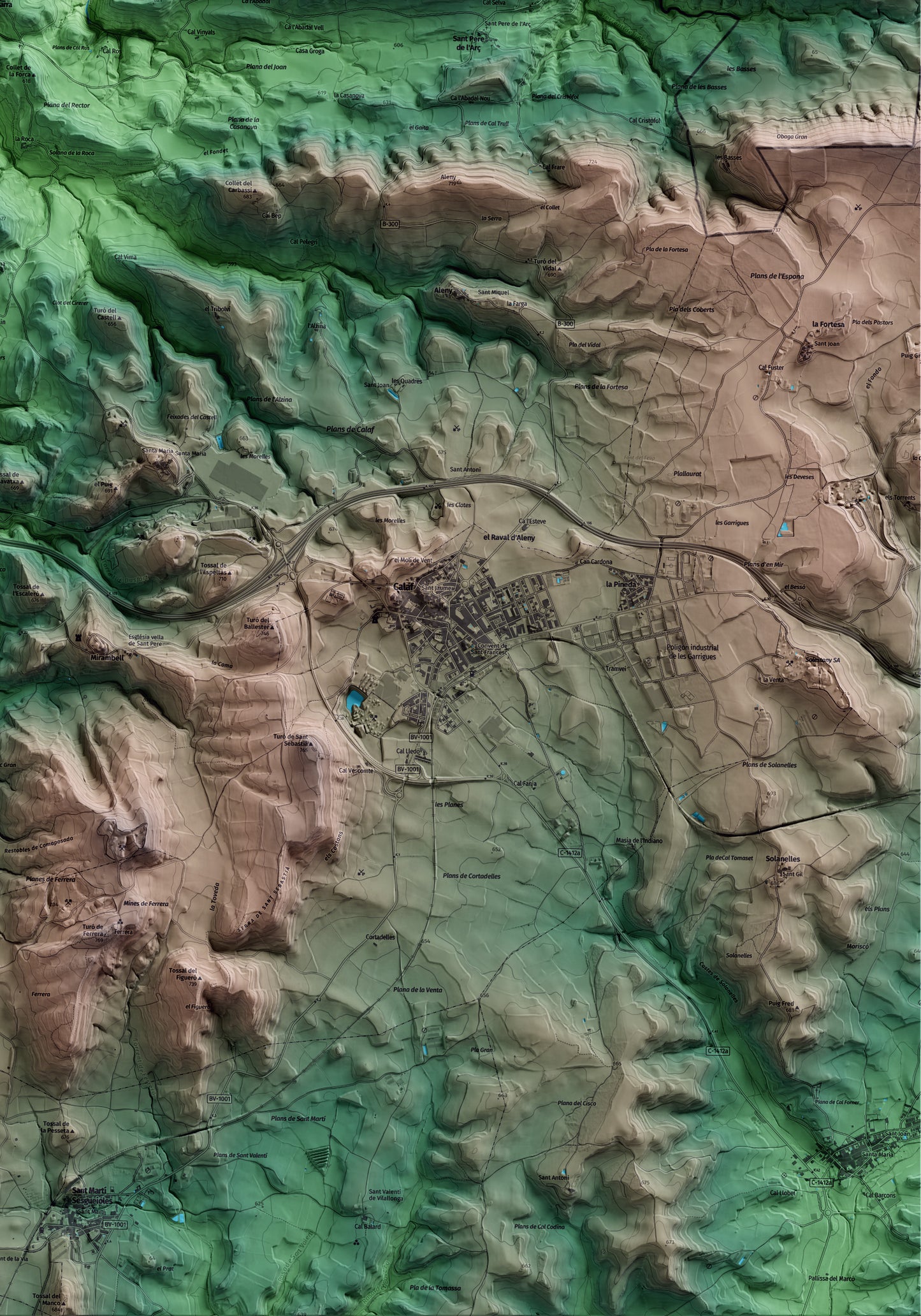 Mapa artístico del relieve de Calonge de Segarra, al Anoia, con 15 km de entorno y base topográfica ICGC. Detalle de la zona inferior derecha.