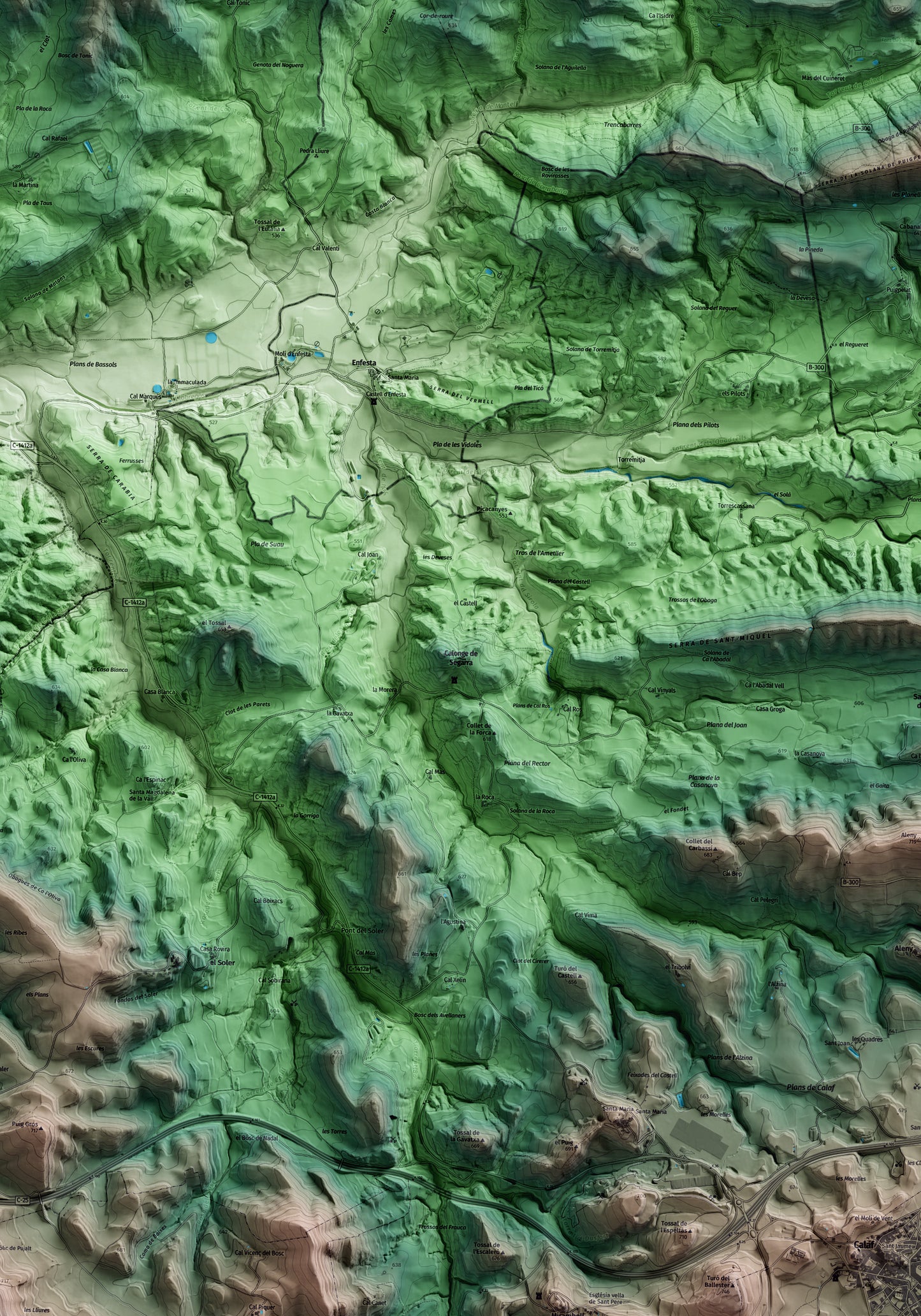 Mapa artístico del relieve de Calonge de Segarra, al Anoia, con 15 km de entorno y base topográfica ICGC. Detalle de la zona central.