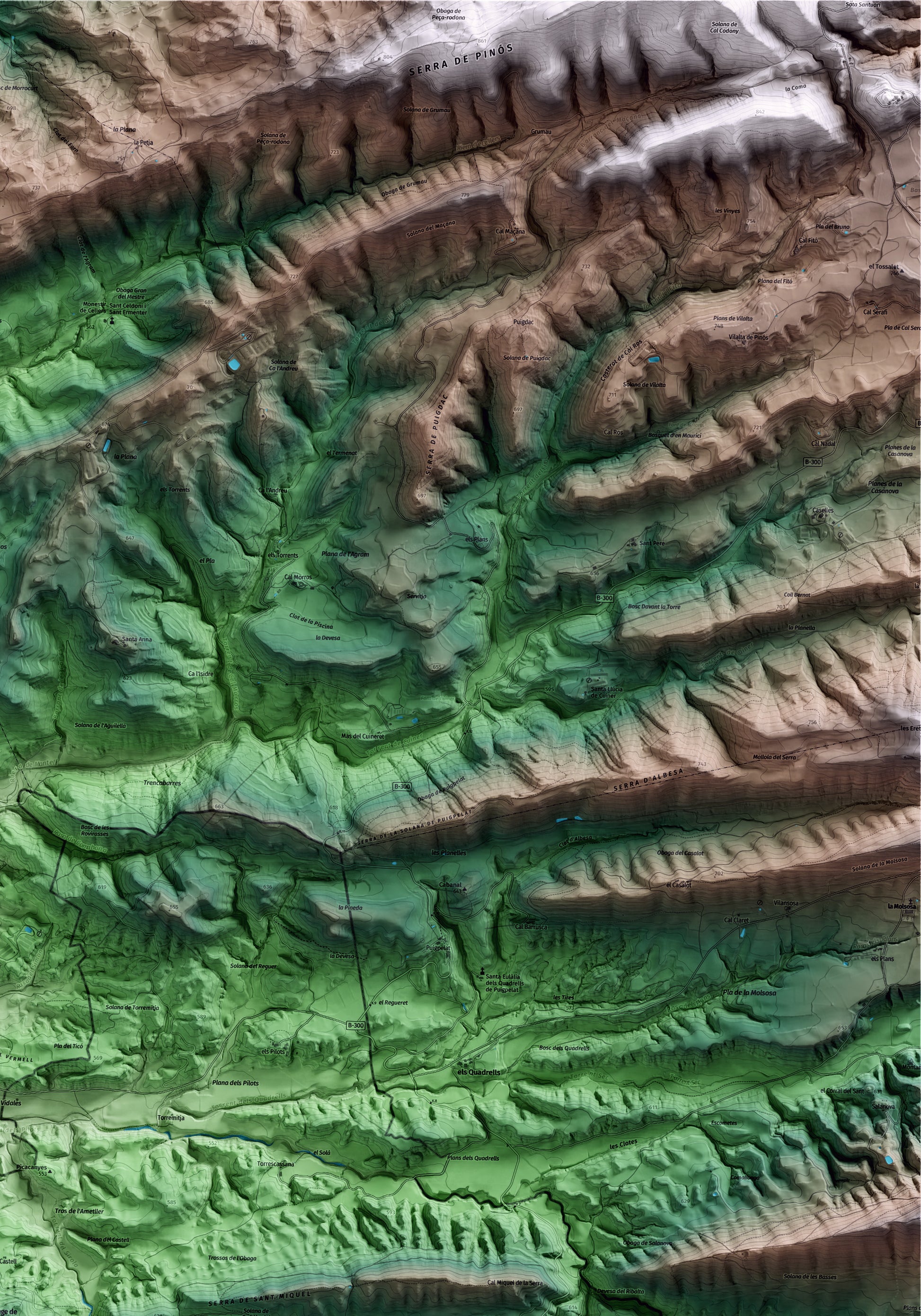 Mapa artístico del relieve de Calonge de Segarra, al Anoia, con 15 km de entorno y base topográfica ICGC. Detalle de la zona superior derecha.