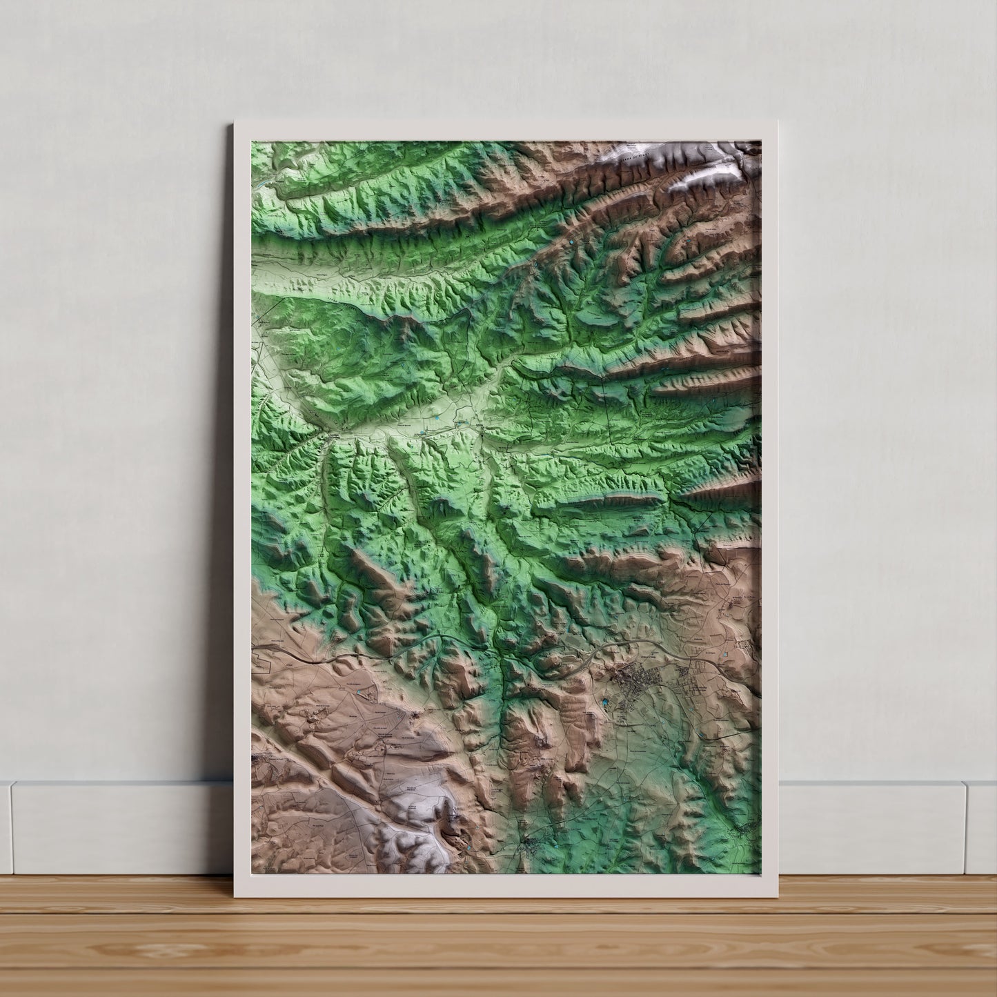 Mapa artístico del relieve de Calonge de Segarra, al Anoia, con 15 km de entorno y base topográfica ICGC. Presentación enmarcada.