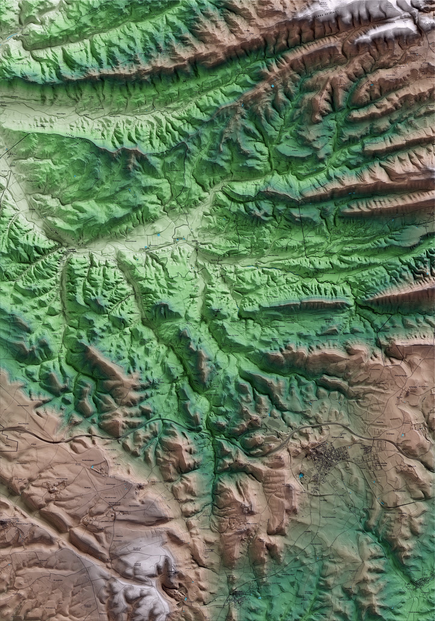 Mapa artístico del relieve de Calonge de Segarra, al Anoia, con 15 km de entorno y base topográfica ICGC