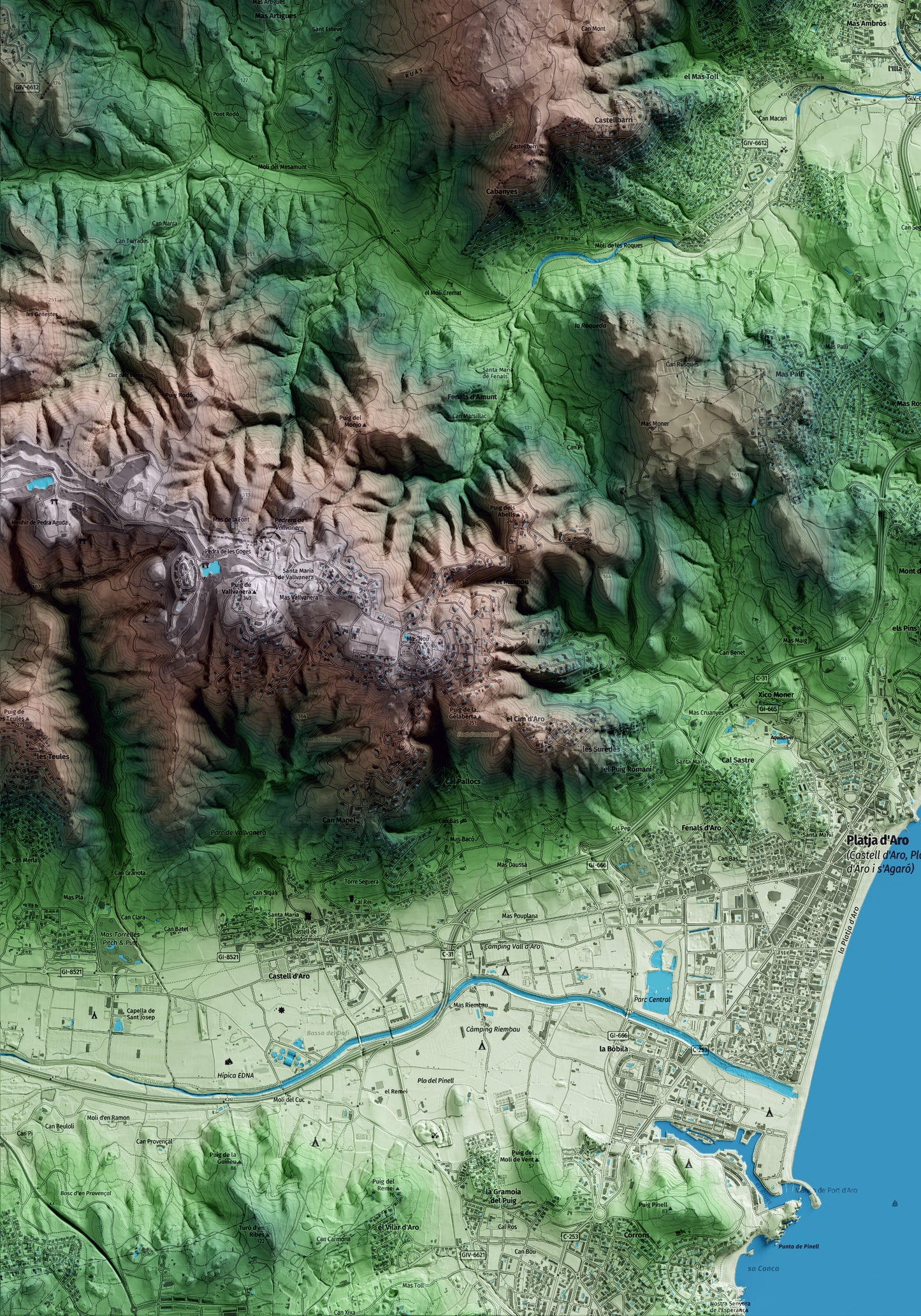 Mapa artístico del relieve de Calonge i Sant Antoni, al Baix Empordà, con 15 km de entorno y base topográfica ICGC. Detalle de la zona inferior izquierda.