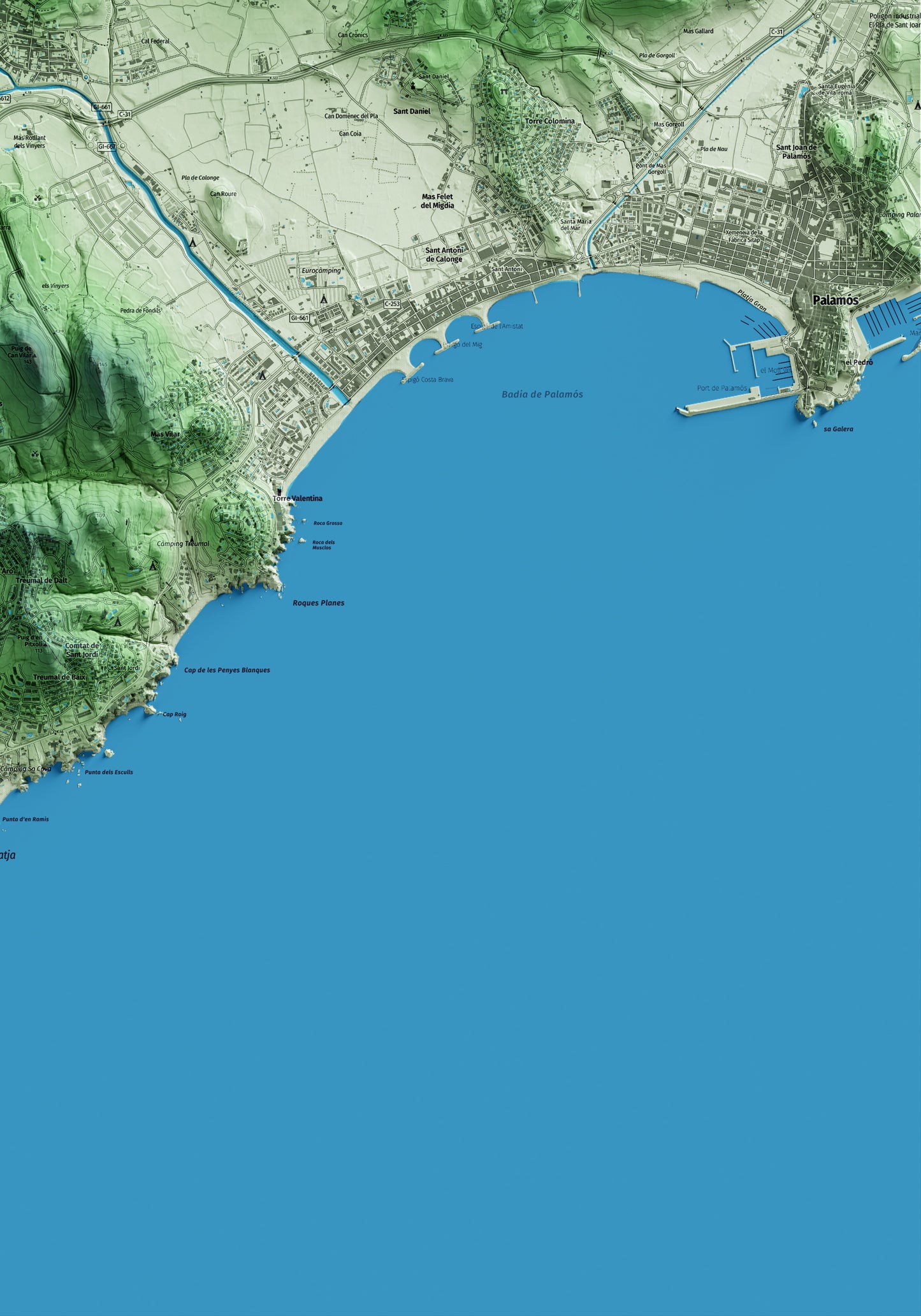 Mapa artístico del relieve de Calonge i Sant Antoni, al Baix Empordà, con 15 km de entorno y base topográfica ICGC. Detalle de la zona inferior derecha.