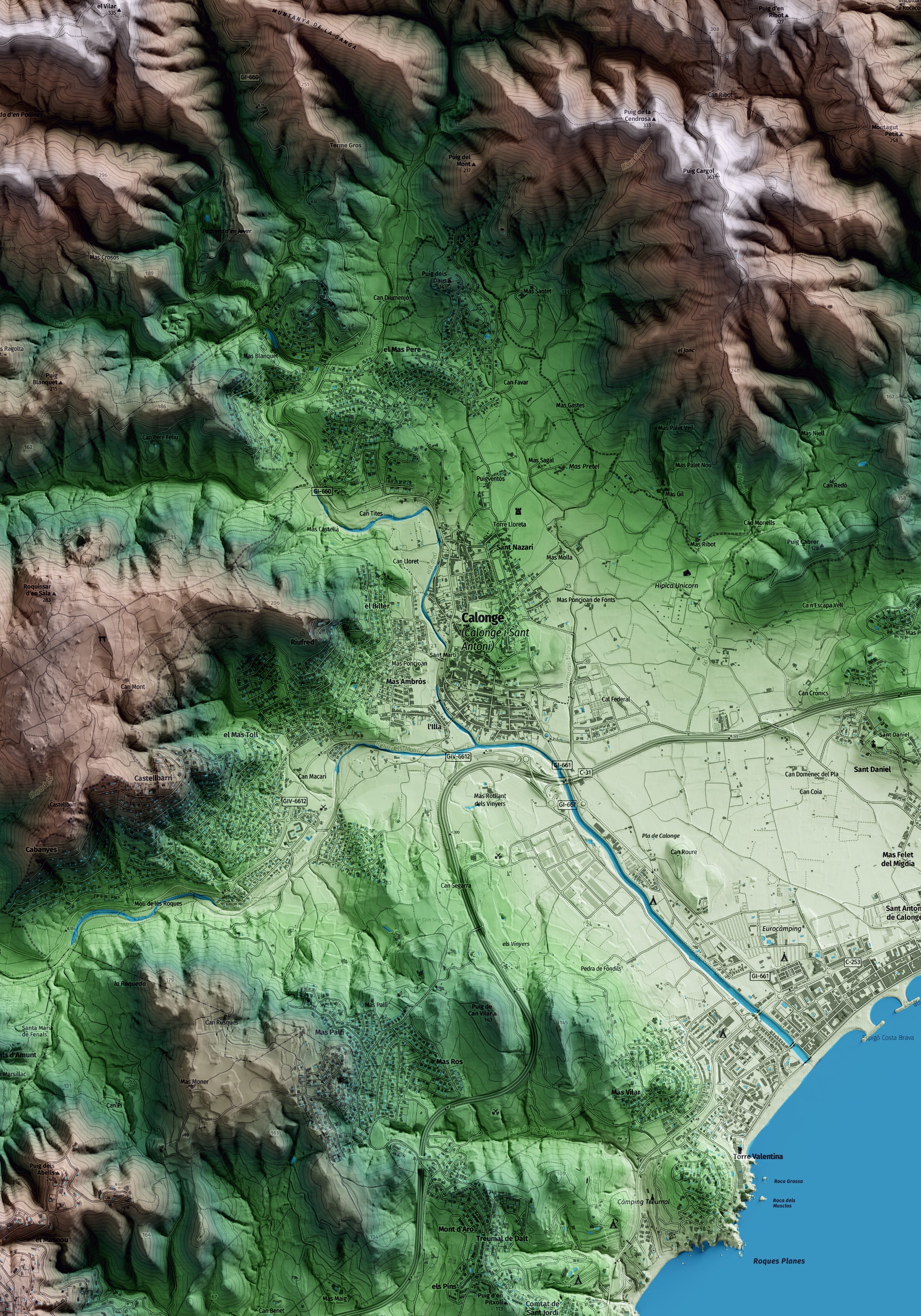 Mapa artístico del relieve de Calonge i Sant Antoni, al Baix Empordà, con 15 km de entorno y base topográfica ICGC. Detalle de la zona central.