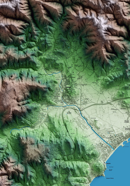 Mapa artístico del relieve de Calonge i Sant Antoni, al Baix Empordà, con 15 km de entorno y base topográfica ICGC. Detalle de la zona central.