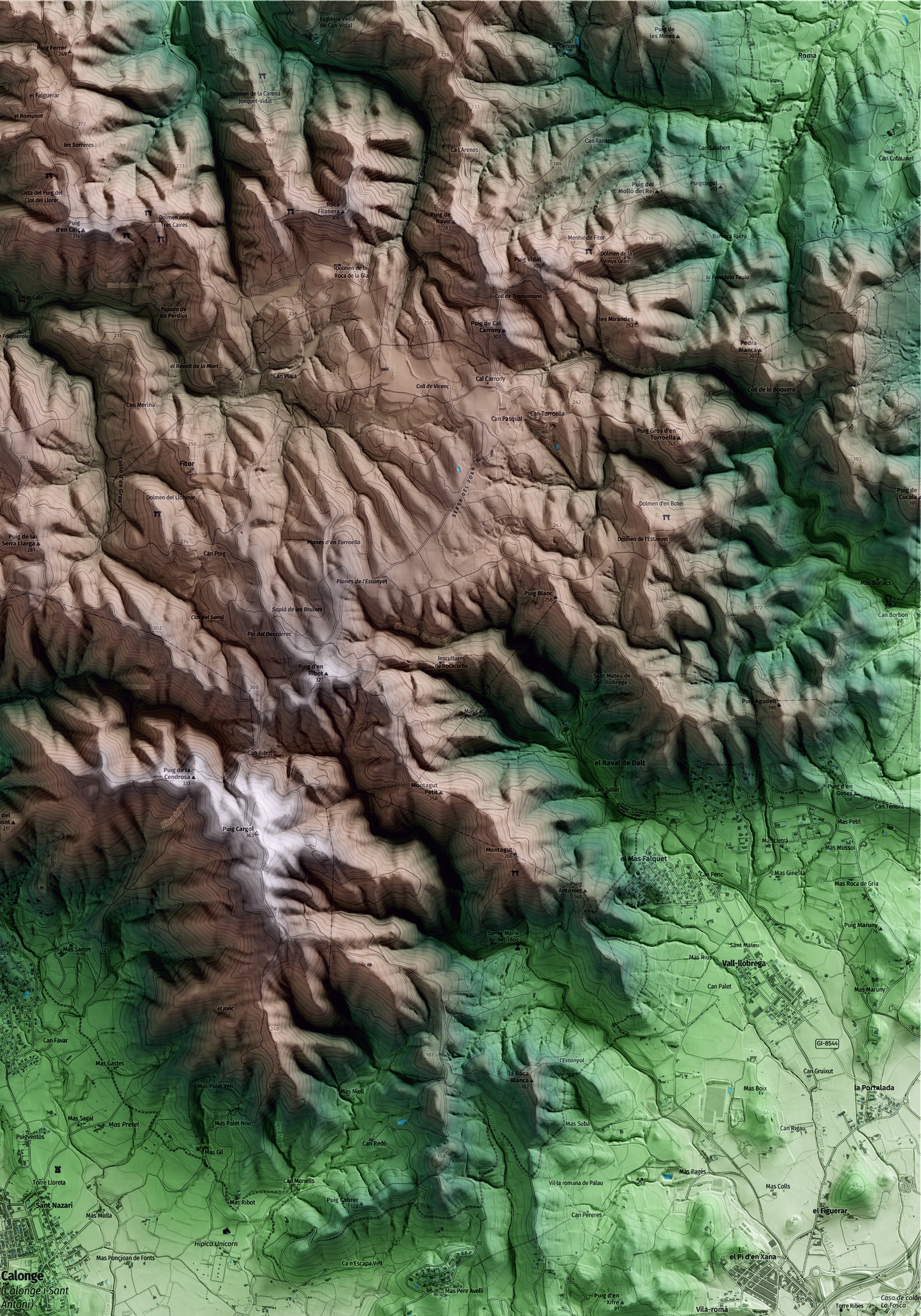 Mapa artístico del relieve de Calonge i Sant Antoni, al Baix Empordà, con 15 km de entorno y base topográfica ICGC. Detalle de la zona superior derecha.