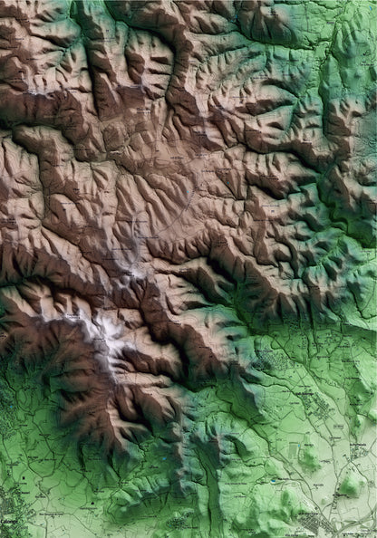 Mapa artístico del relieve de Calonge i Sant Antoni, al Baix Empordà, con 15 km de entorno y base topográfica ICGC. Detalle de la zona superior derecha.
