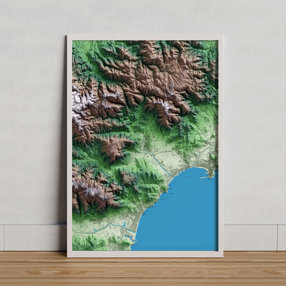Mapa artístico del relieve de Calonge i Sant Antoni, al Baix Empordà, con 15 km de entorno y base topográfica ICGC. Presentación enmarcada.