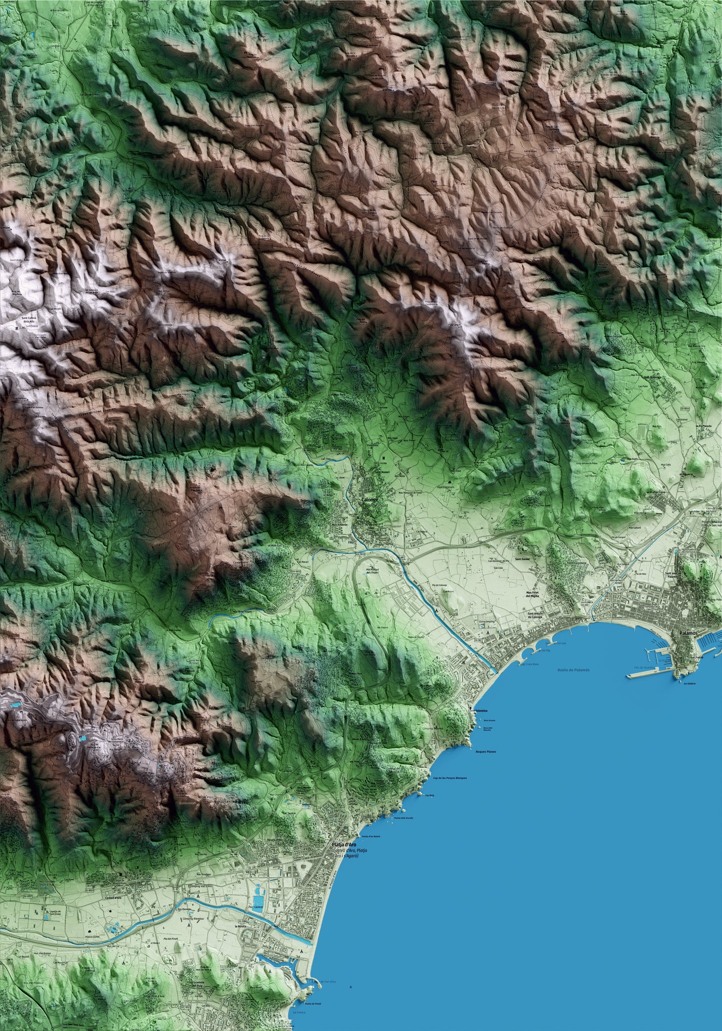 Mapa artístico del relieve de Calonge i Sant Antoni, al Baix Empordà, con 15 km de entorno y base topográfica ICGC