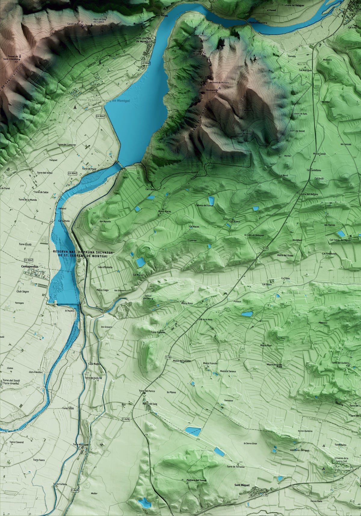 Mapa artístico del relieve de Camarasa, a la Noguera, con 15 km de entorno y base topográfica ICGC. Detalle de la zona inferior izquierda.