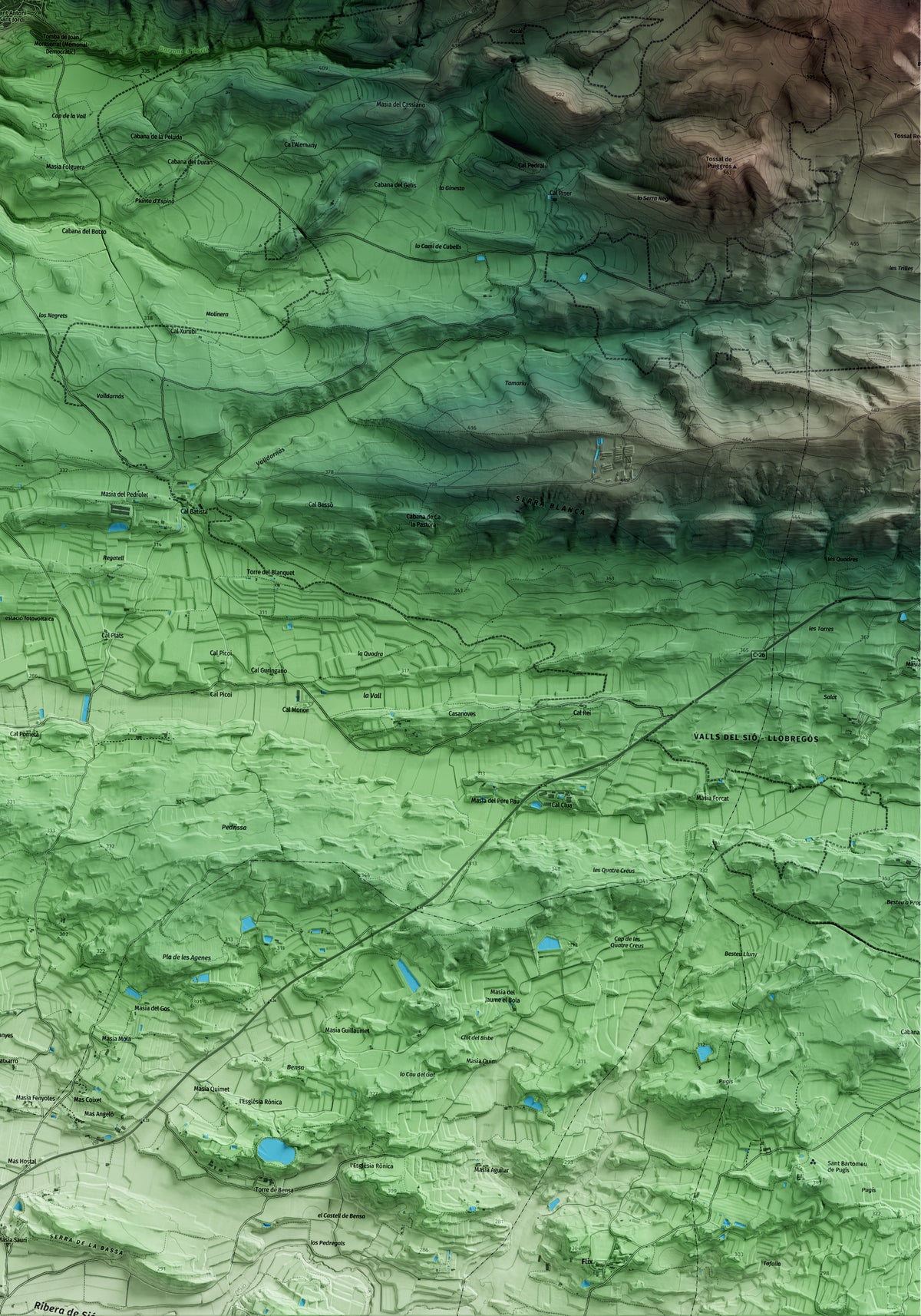 Mapa artístico del relieve de Camarasa, a la Noguera, con 15 km de entorno y base topográfica ICGC. Detalle de la zona inferior derecha.