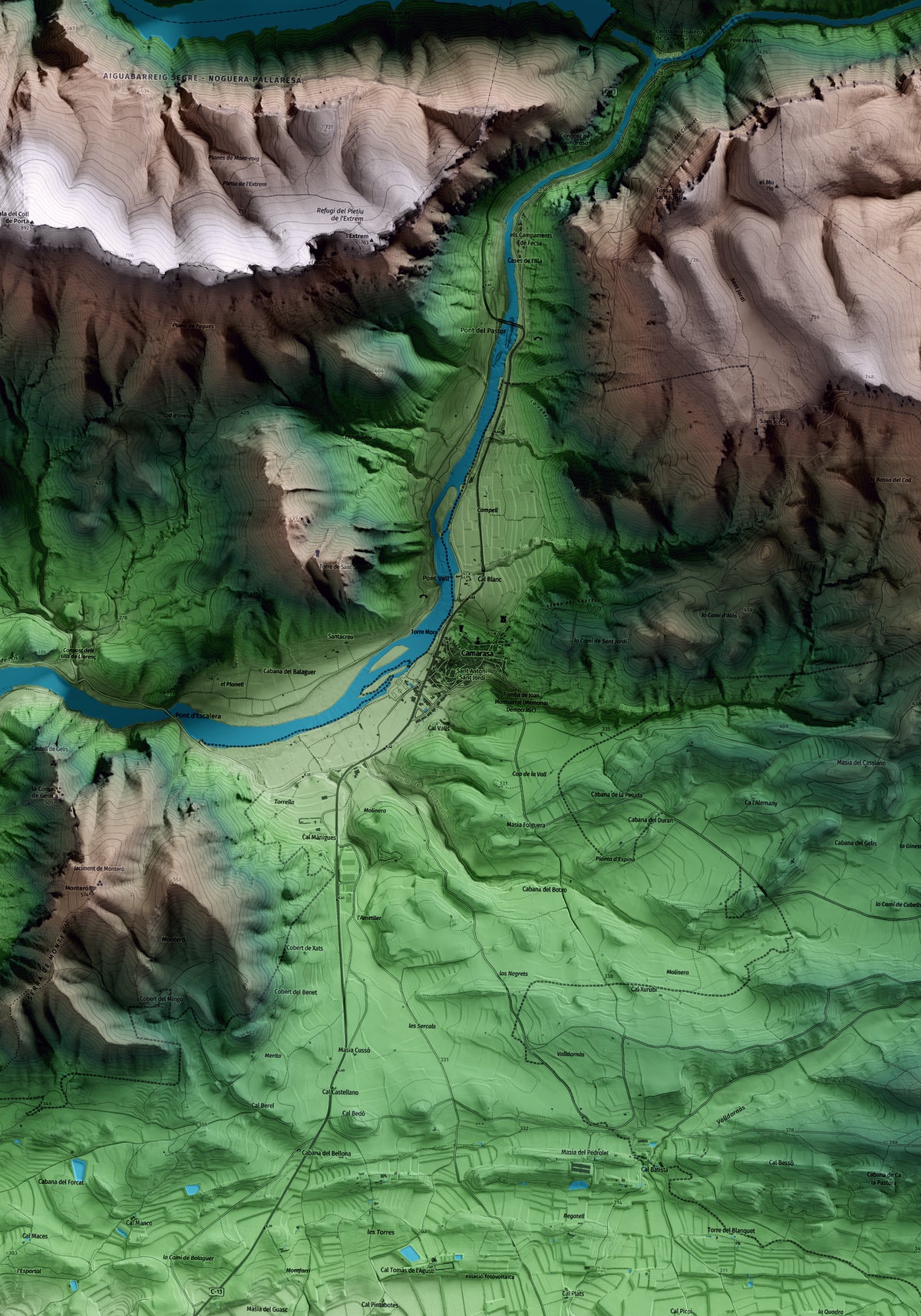 Mapa artístico del relieve de Camarasa, a la Noguera, con 15 km de entorno y base topográfica ICGC. Detalle de la zona central.